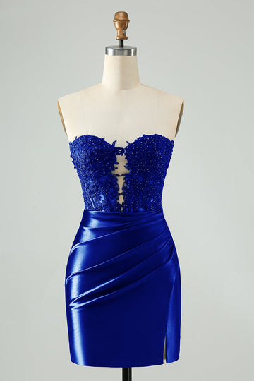 Vestido de cóctel de encaje sin tirantes azul real